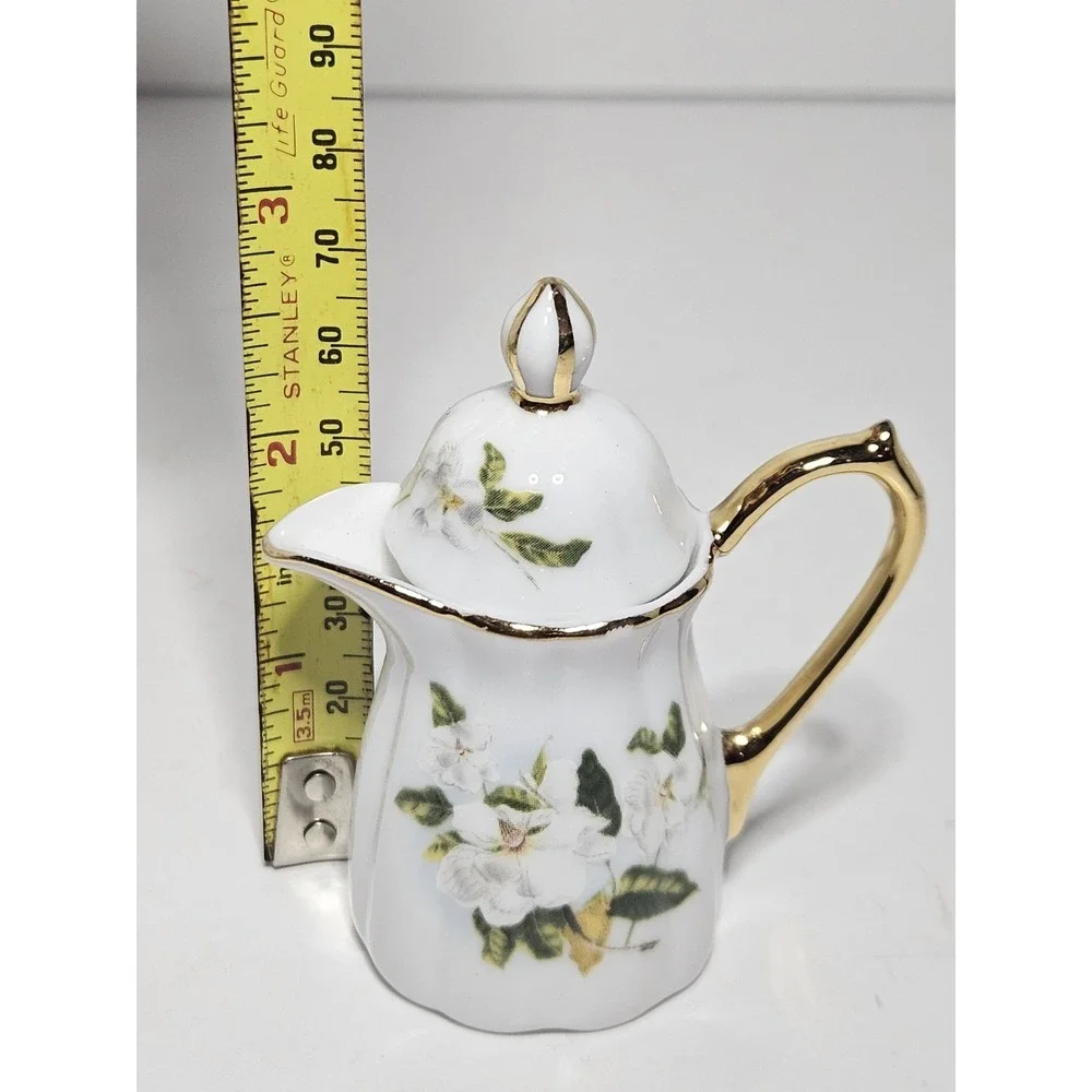 Mini Bone China Tea Set White Floral Gold Gilt Footed Cups Creamer Teapot 7pc